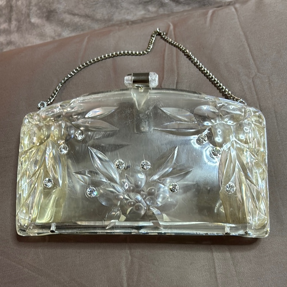 Vintage Clear Cherries Lucite Clutch Purse Rhinestones Accents Rare 1950s Purse